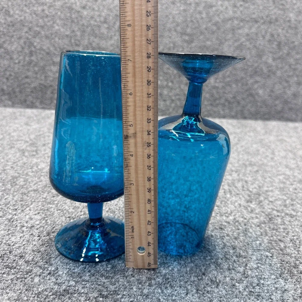 Handcrafted Bubble Glass Goblet Teal Blue Seeded Mid Century Coastal Boho 2 Pcs